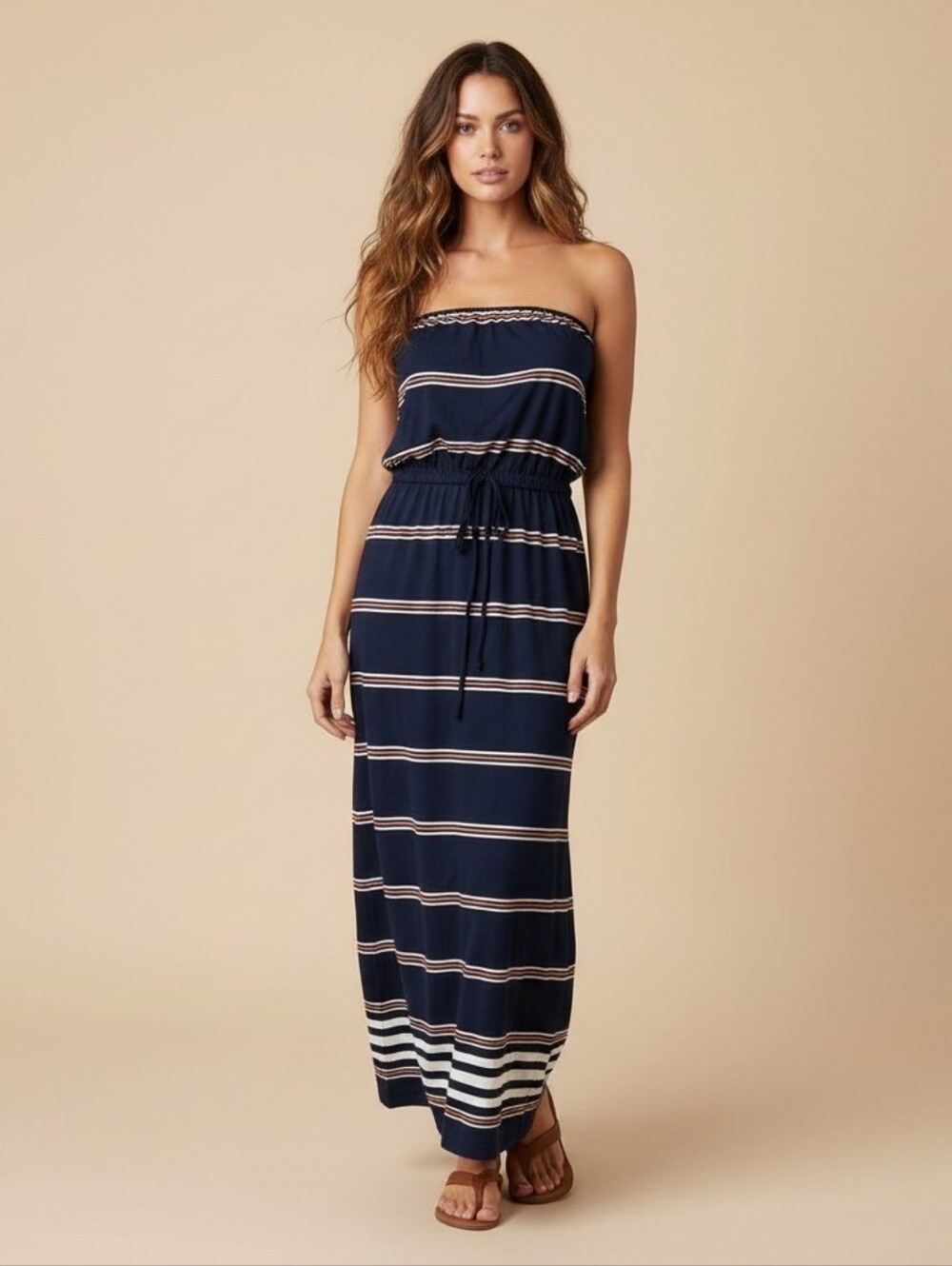 J.CREW Women's Amie Strapless Stripe Knit Maxi Dress Navy Blue White, EUC, S